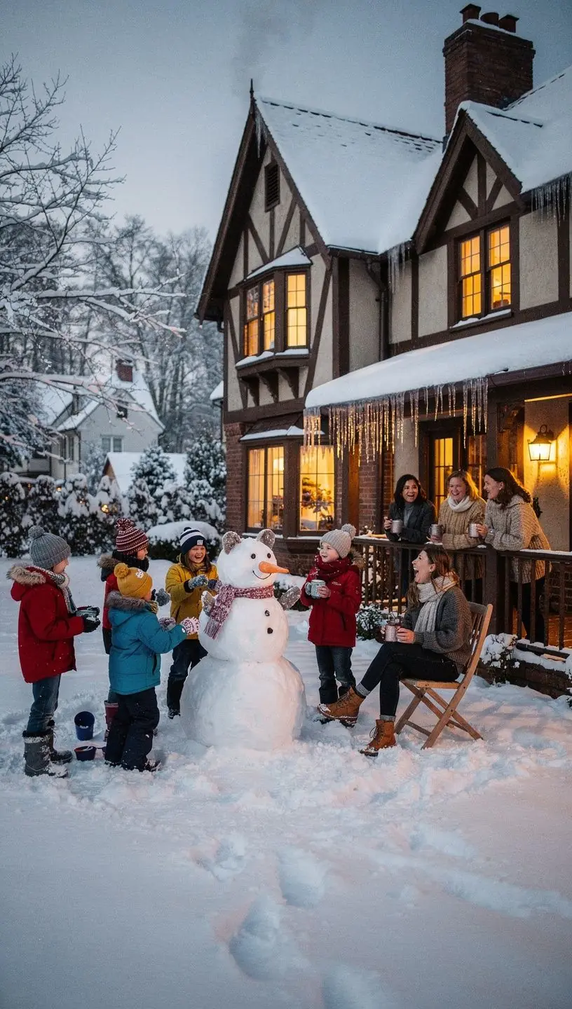 Зимний сад тюдоровского дома с большими окнами и зелеными растениями.