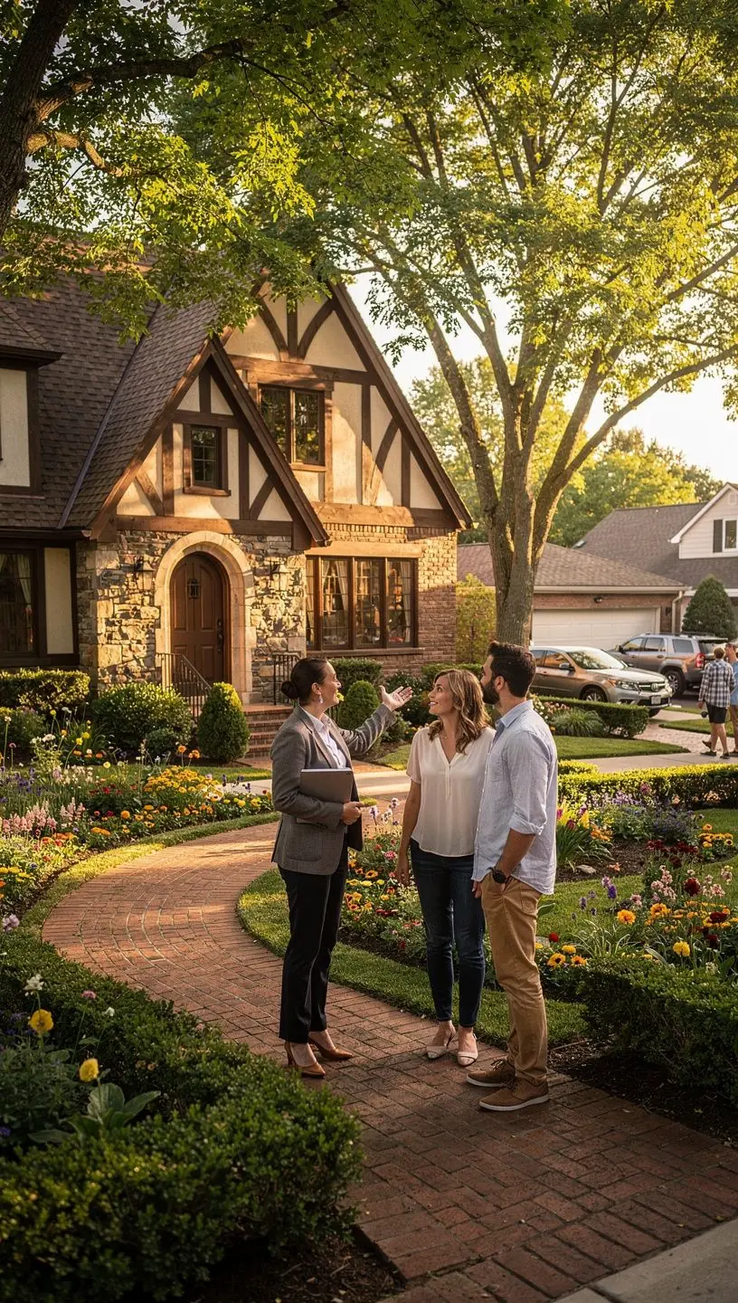 Экстерьер дома с характерными для тюдоровского стиля элементами и крышей.