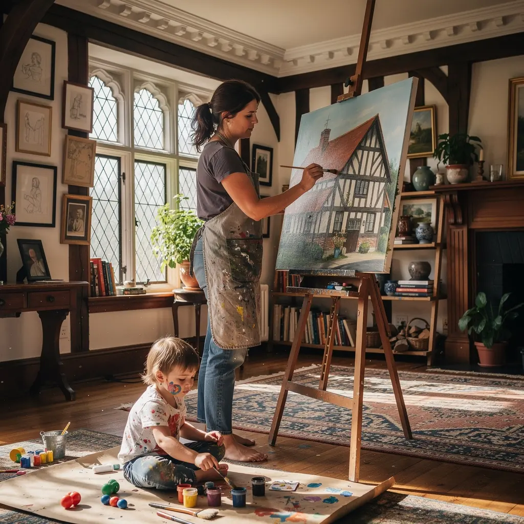 Входная группа тюдоровского дома с красивыми дверями и лестницей из камня.