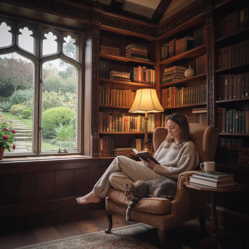 Детали архитектуры тюдоровского дома, включая резные деревянные элементы и кирпичную кладку.