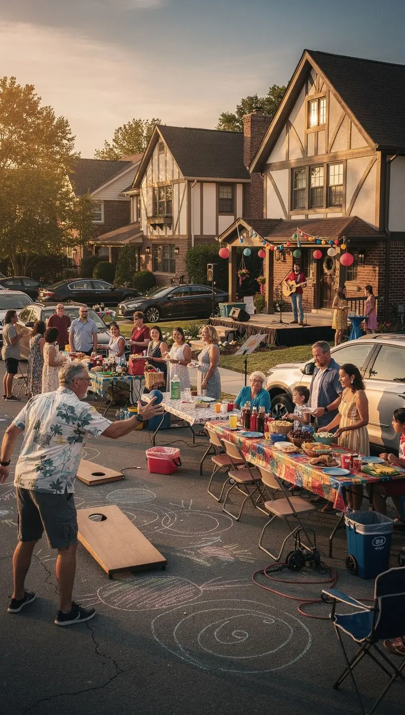 Тюдоровский дом на фоне живописного пейзажа с облаками и голубым небом.
