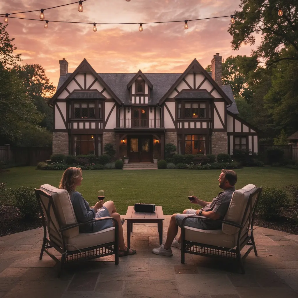 Вид на уютную гостиную тюдоровского дома с камином и мягкой мебелью.