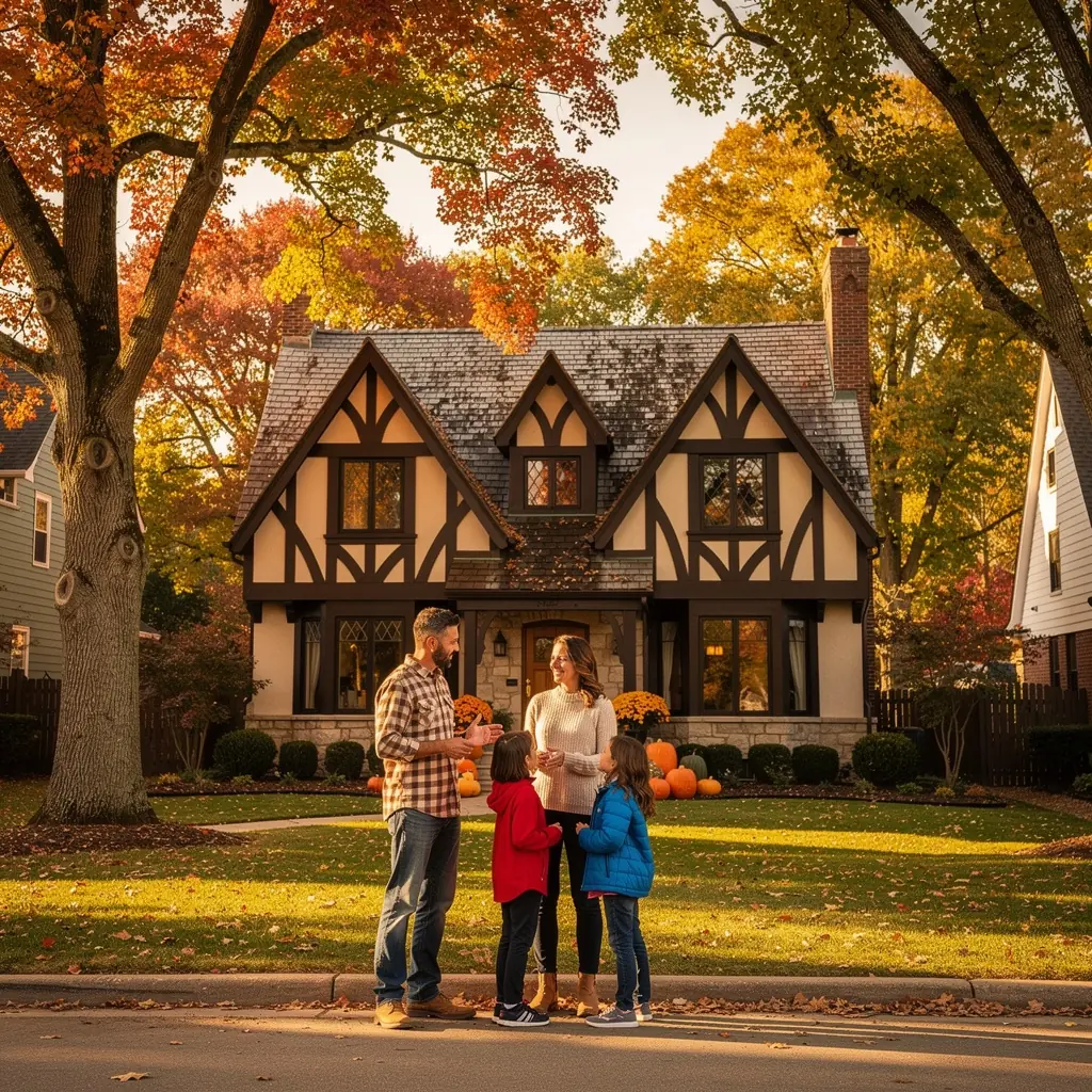Вид на тюдоровский дом с крытой террасой и скамейками в саду.