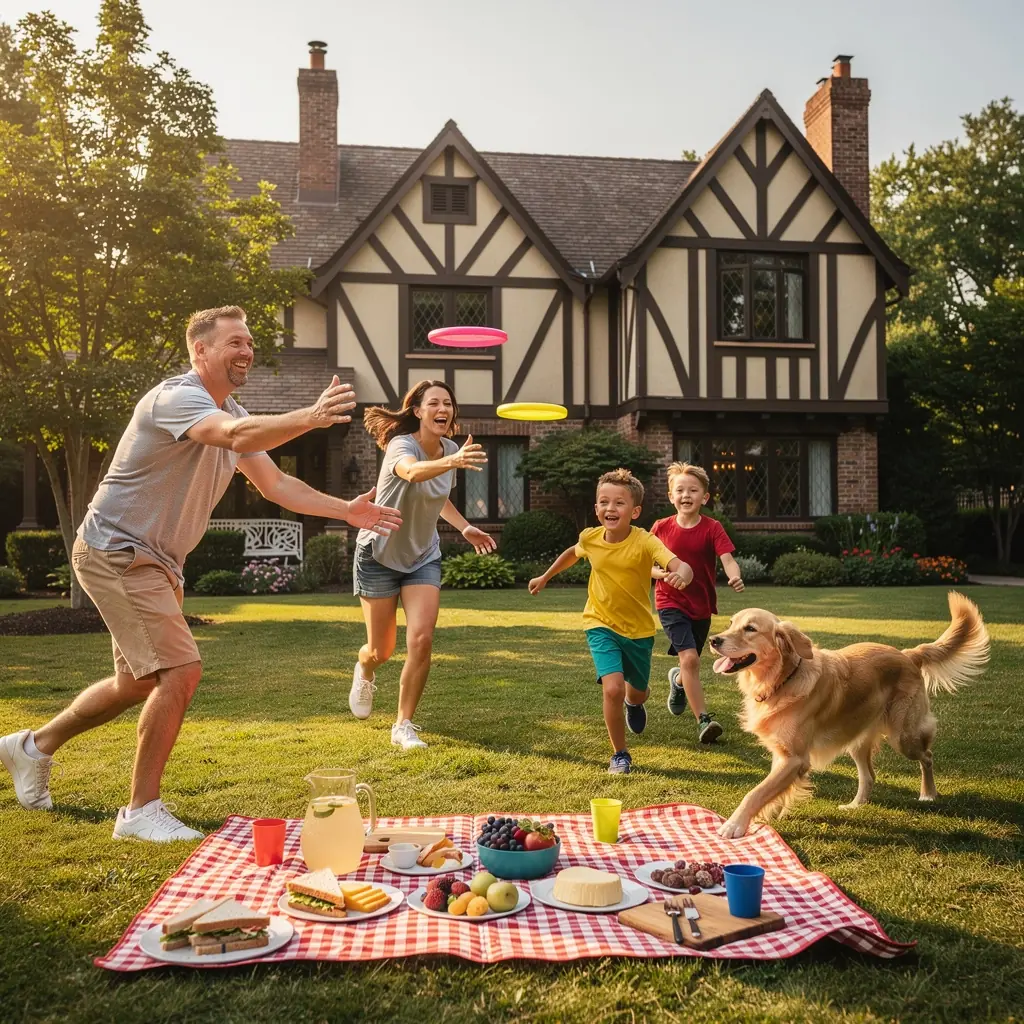 Вид на тюдоровский дом с улицы, подчеркивающий его архитектурные особенности.