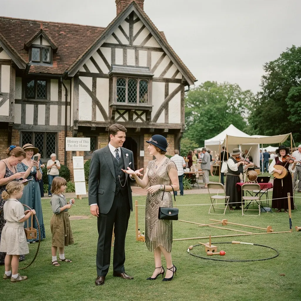 Сад рядом с тюдоровским домом, оформленный в европейском стиле с цветами и кустарниками.