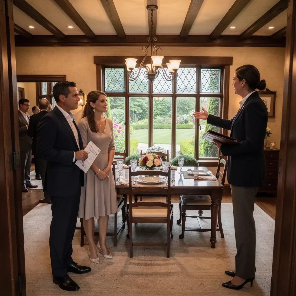 Просторная кухня в тюдоровском доме с деревянными шкафами и барной стойкой.