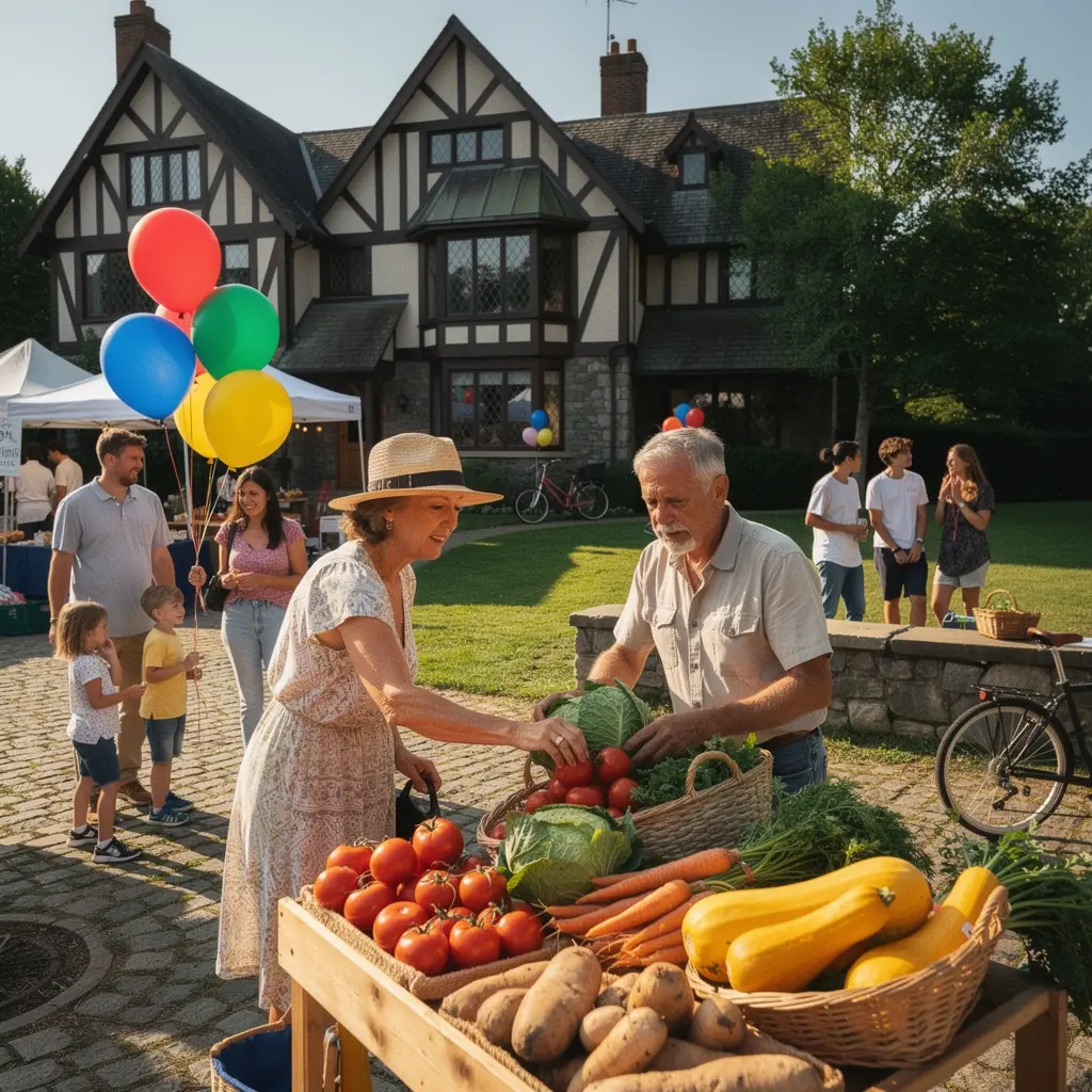 Традиционный тюдорский дом с характерными полуторными деталями и крутой крышей.