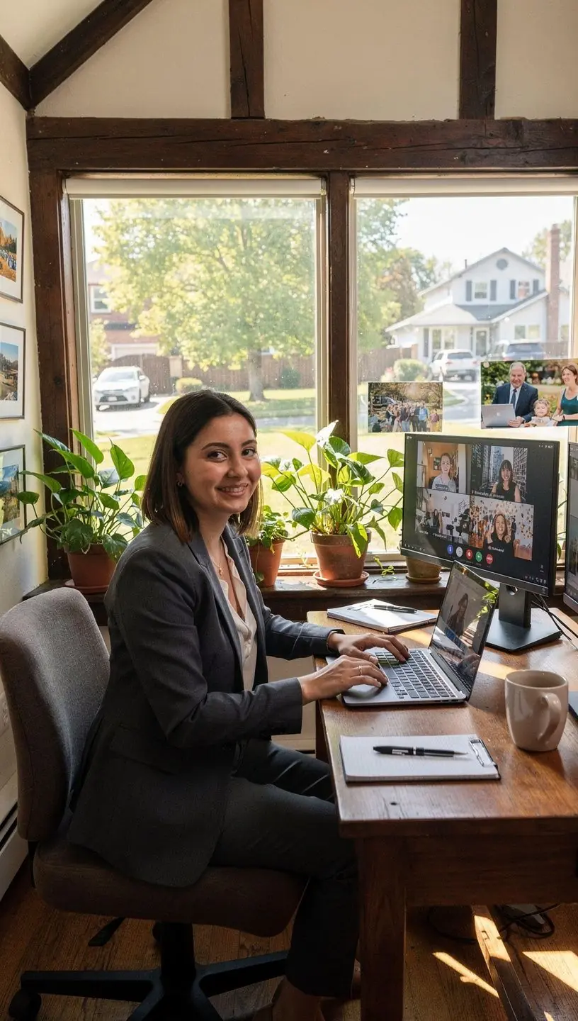 Солнечный дворик вокруг тюдорского дома с зелеными насаждениями и каменной дорожкой.