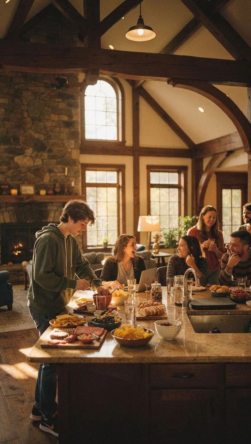 Традиционный тюдорский дом с полукровельной конструкцией и крутыми крышами в живописном американском пригороде.