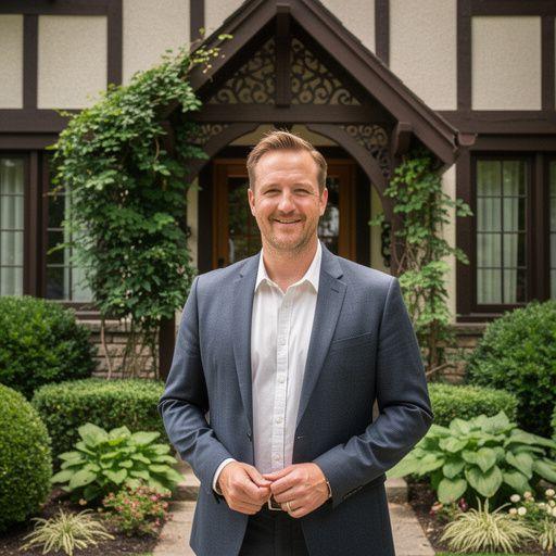 Традиционный тюдоровский дом с характерными наклонными крышами и деревянными элементами.