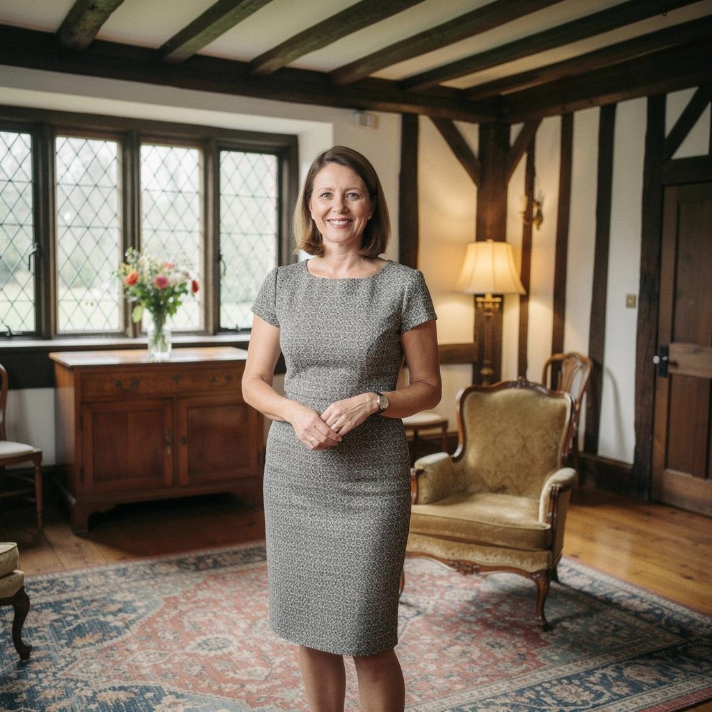 Элегантный интерьер тюдоровского дома с камином и антикварной мебелью.