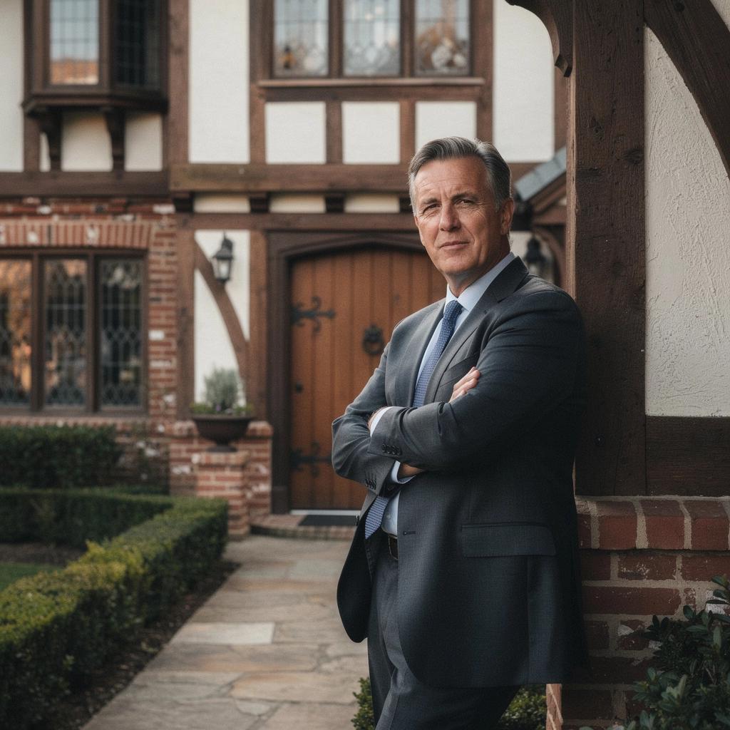 Фасад дома в стиле тюдор с красивыми окнами и резными деталями.