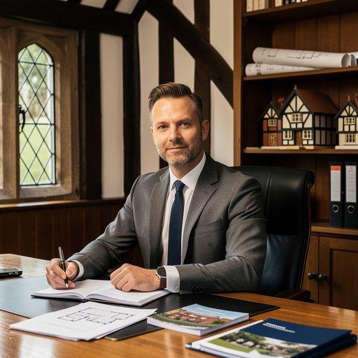 Кухня в тюдоровском стиле с деревянными шкафами и современными удобствами.